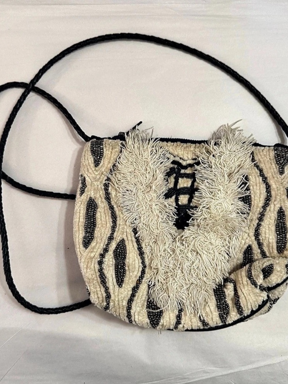 ANTIK BATIK Beaded Fringe Crossbody Bag in Cream & Black